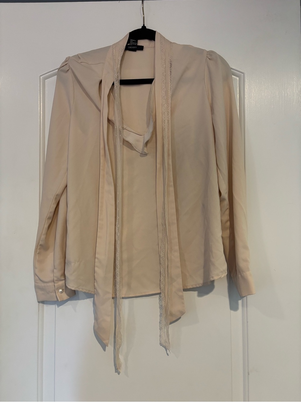 Ann Taylor Cream Tie-Neck Blouse with Lace Trim
